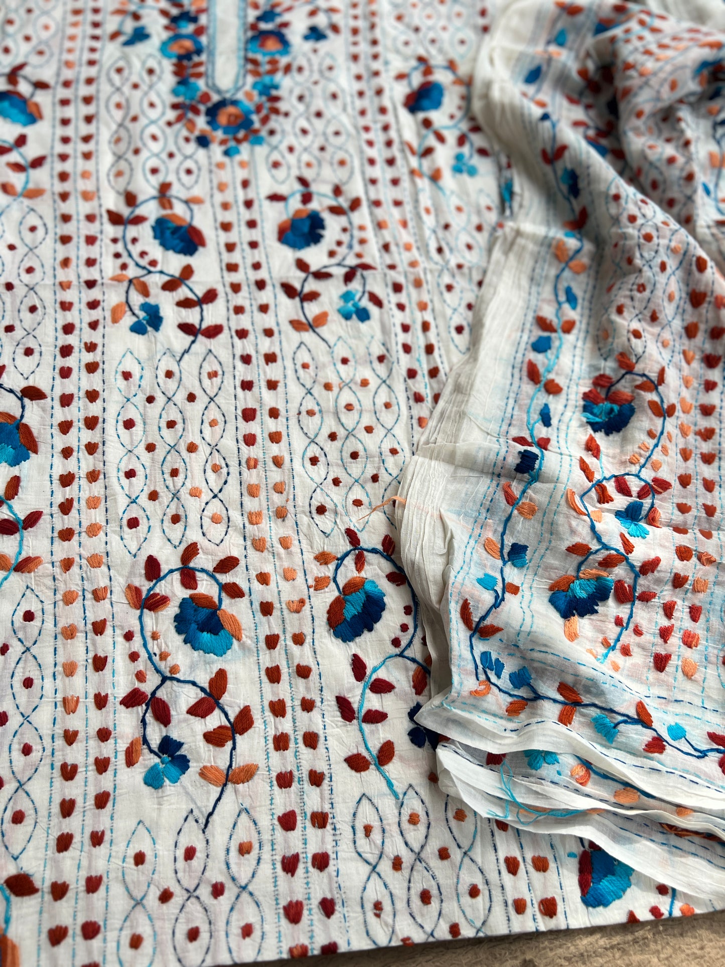 Ivory White Aqua Blue Floral Embroidery Suit