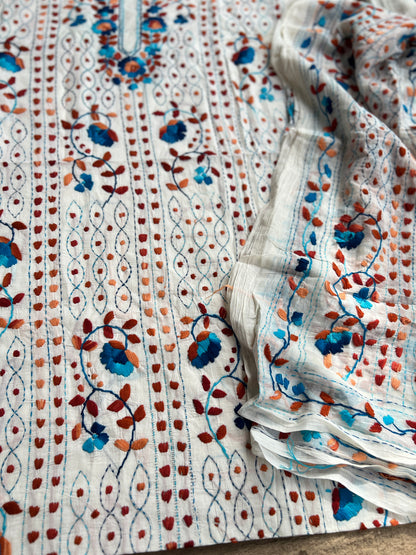 Ivory White Aqua Blue Floral Embroidery Suit