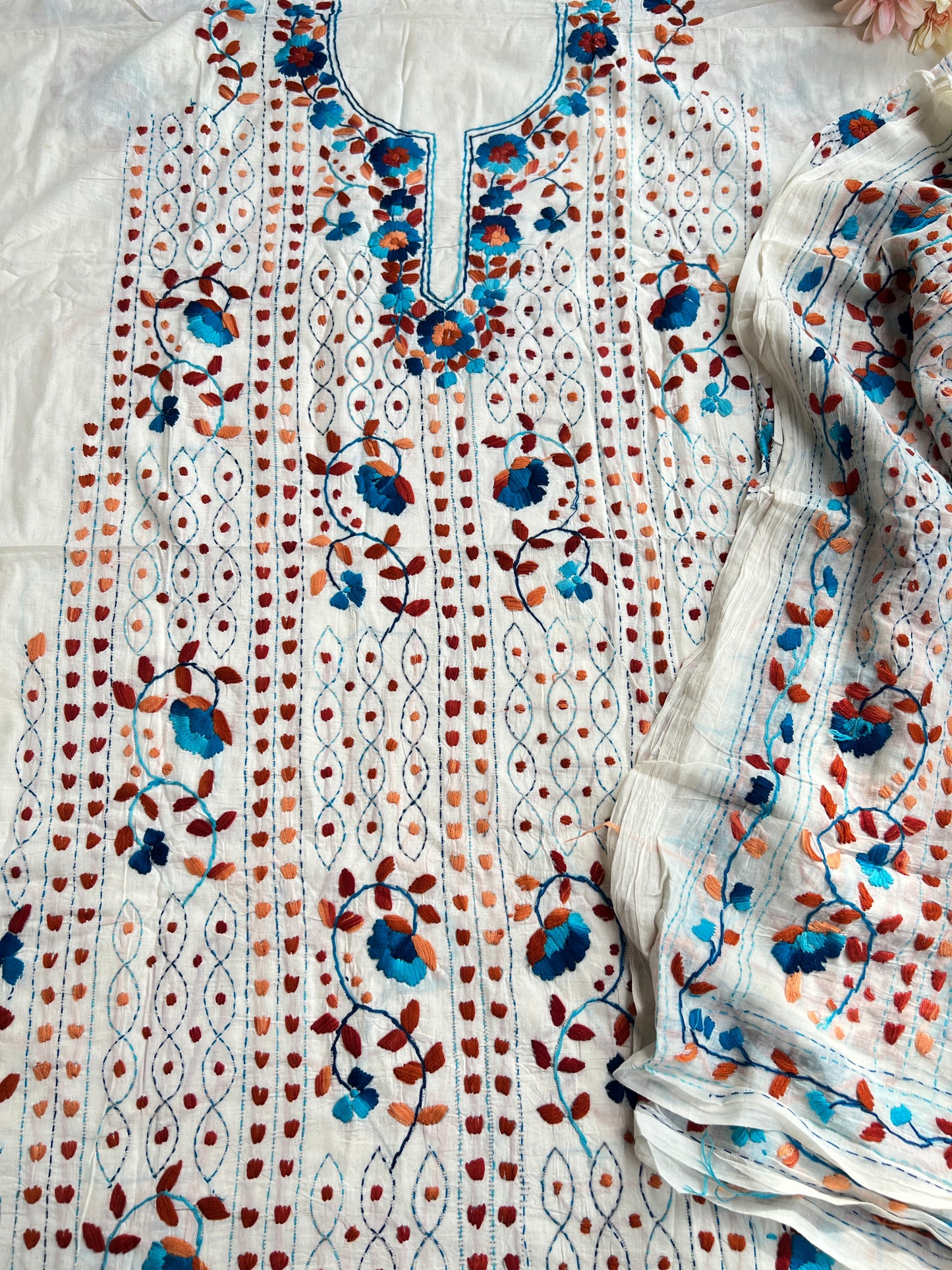 Ivory White Aqua Blue Floral Embroidery Suit