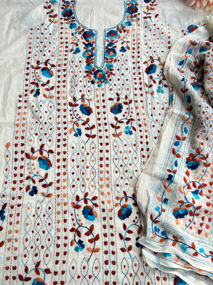 Ivory White Aqua Blue Floral Embroidery Suit