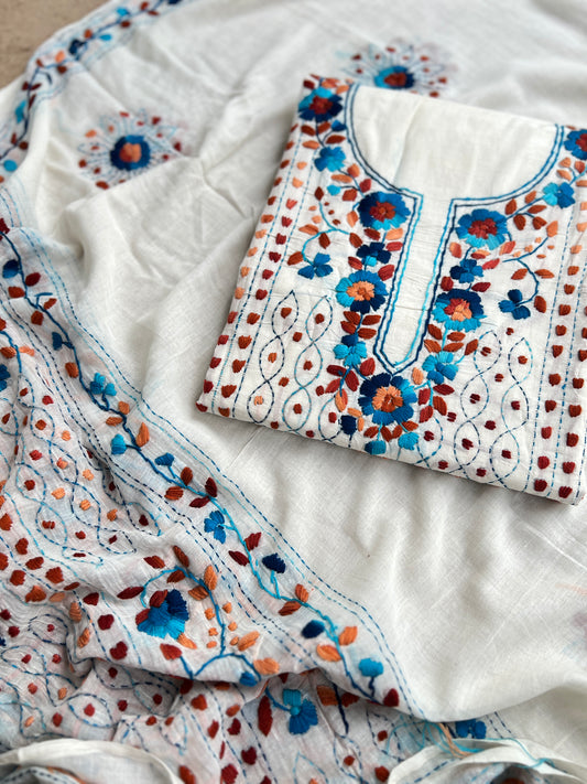 Ivory White Aqua Blue Floral Embroidery Suit