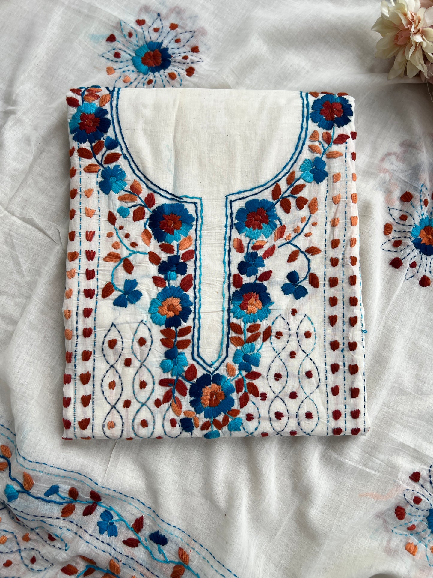 Ivory White Aqua Blue Floral Embroidery Suit
