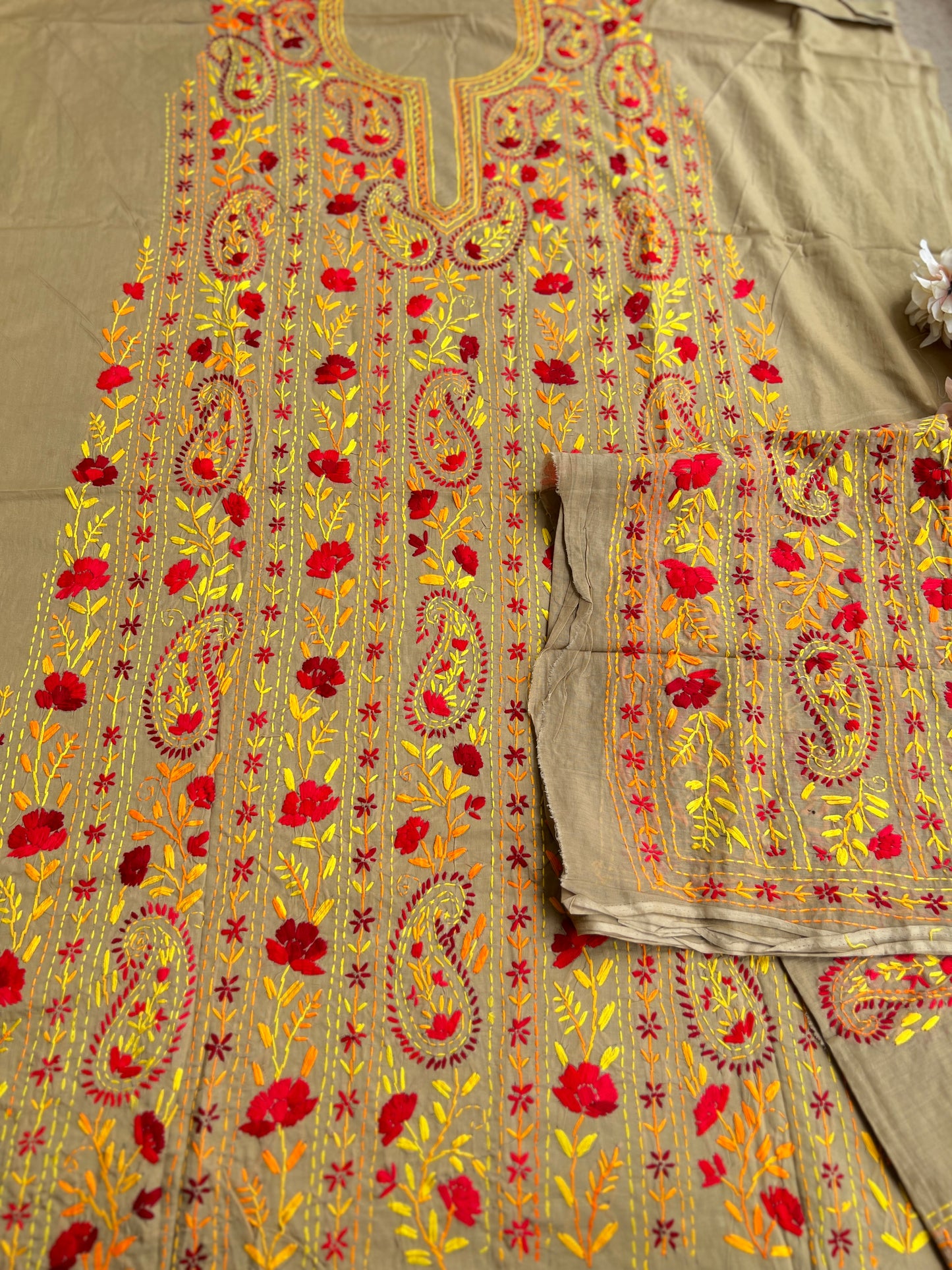 Taupe Brown Floral Thread Embroidered Suit Set