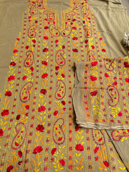 Taupe Brown Floral Thread Embroidered Suit Set