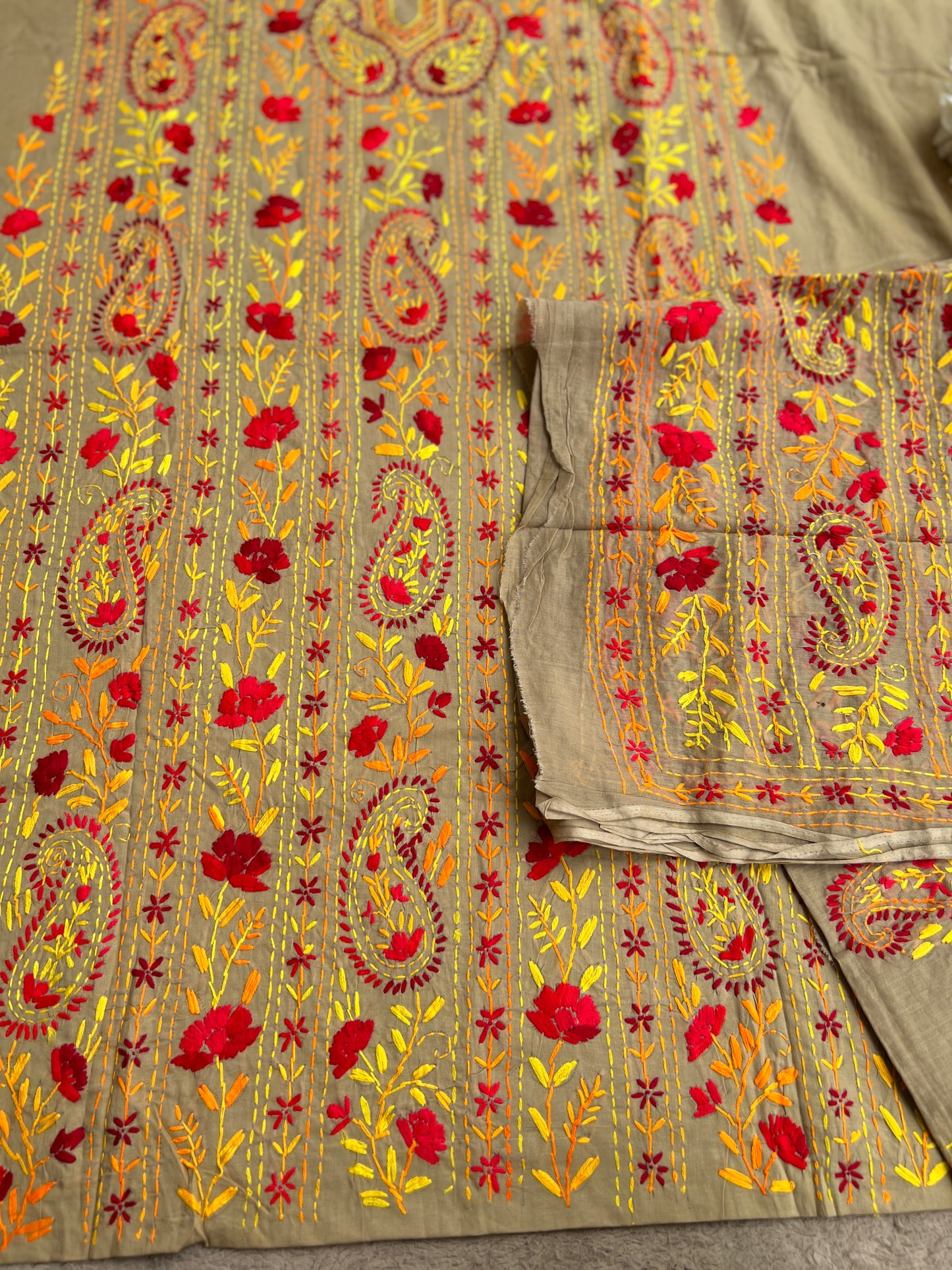 Taupe Brown Floral Thread Embroidered Suit Set