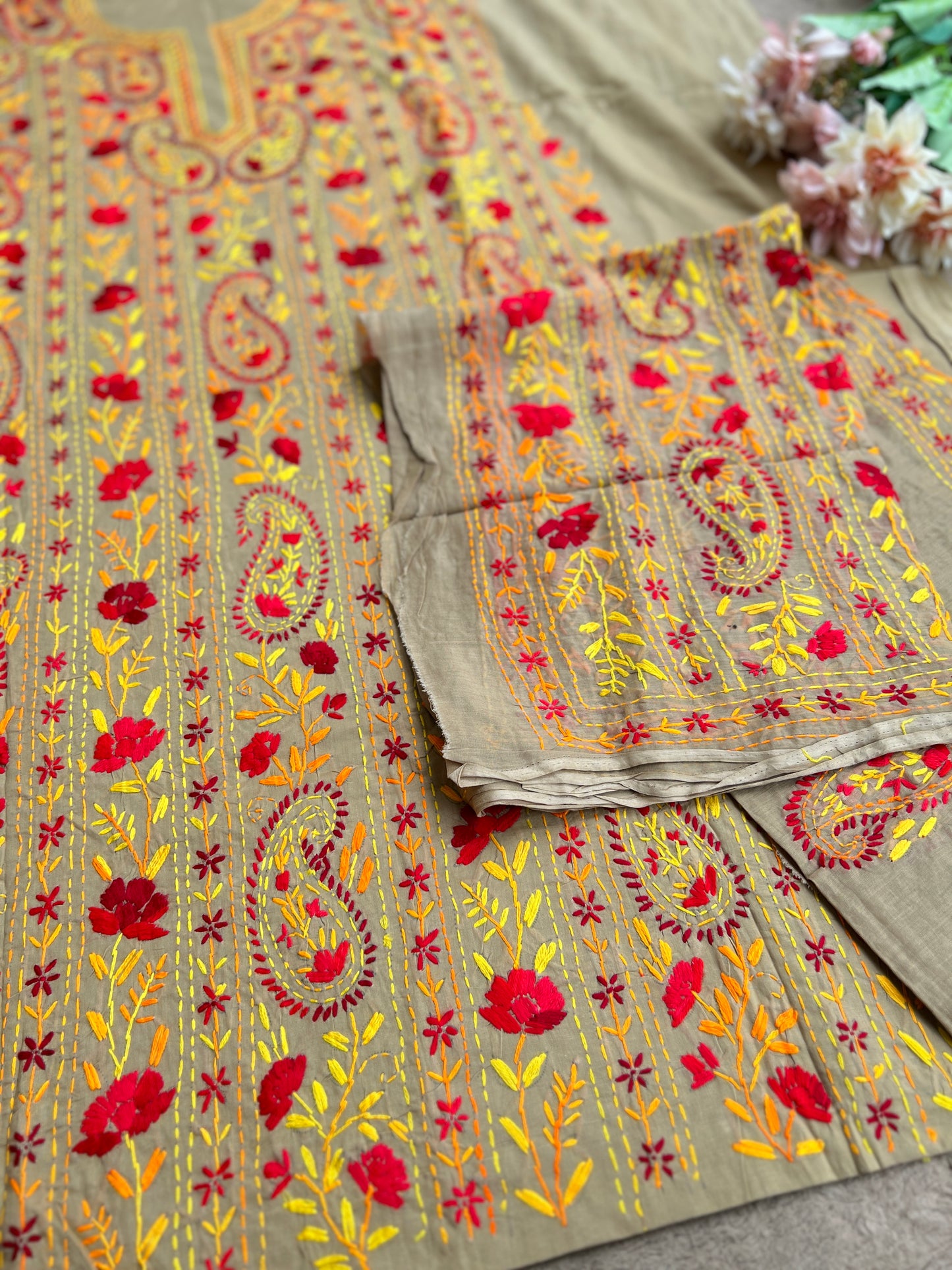 Taupe Brown Floral Thread Embroidered Suit Set