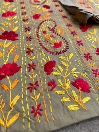 Taupe Brown Floral Thread Embroidered Suit Set