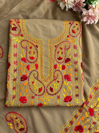 Taupe Brown Floral Thread Embroidered Suit Set