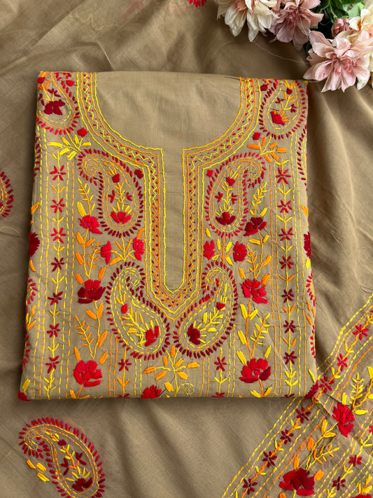 Taupe Brown Floral Thread Embroidered Suit Set