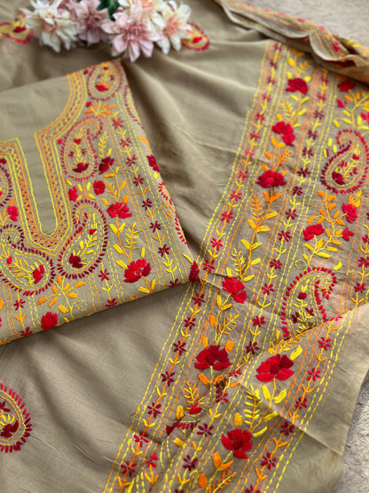 Taupe Brown Floral Thread Embroidered Suit Set
