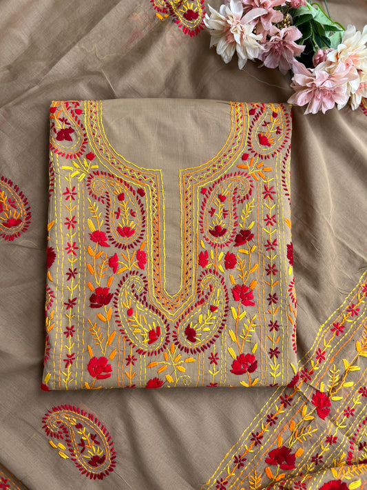Taupe Brown Floral Thread Embroidered Suit Set