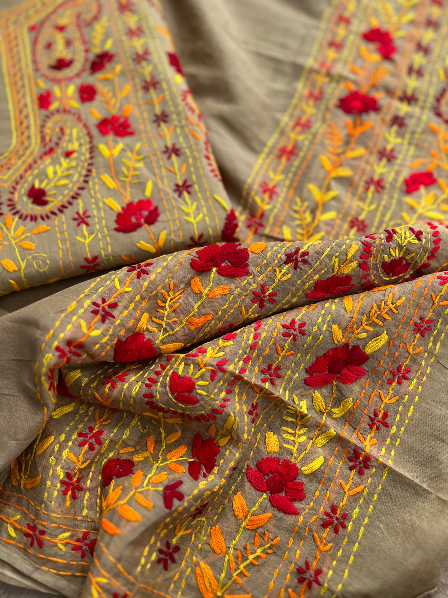 Taupe Brown Floral Thread Embroidered Suit Set