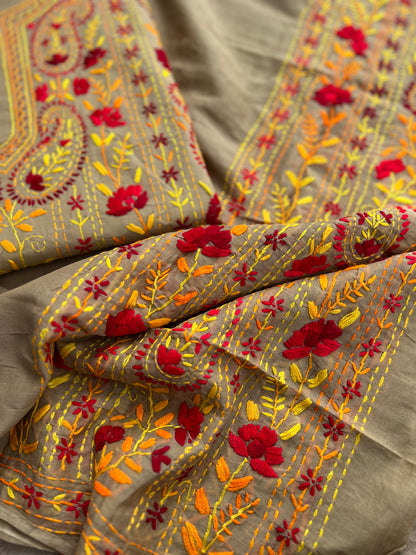 Taupe Brown Floral Thread Embroidered Suit Set
