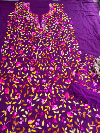 Magenta Purple Pure Cotton Hand-Embroidered Unstitched Dress Material