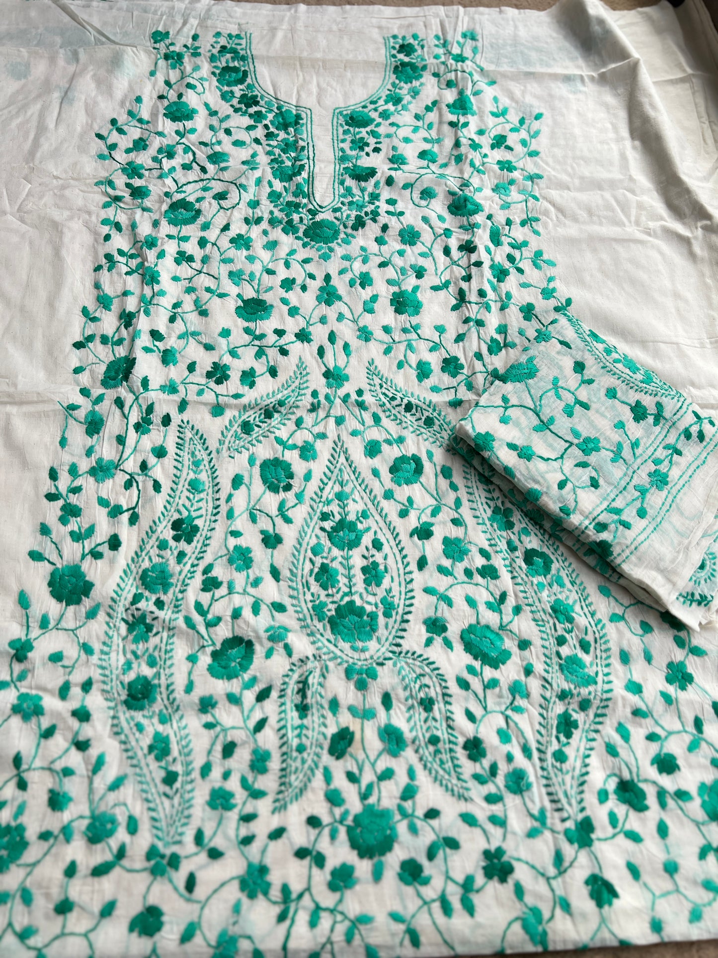 Ivory White Emerald Floral Thread Embroidered Suit