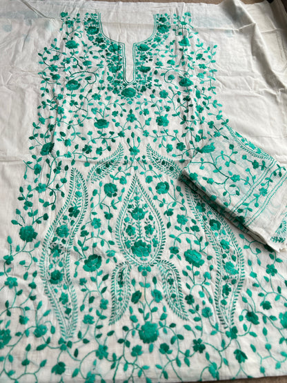 Ivory White Emerald Floral Thread Embroidered Suit