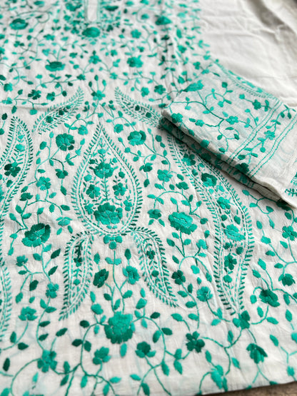 Ivory White Emerald Floral Thread Embroidered Suit