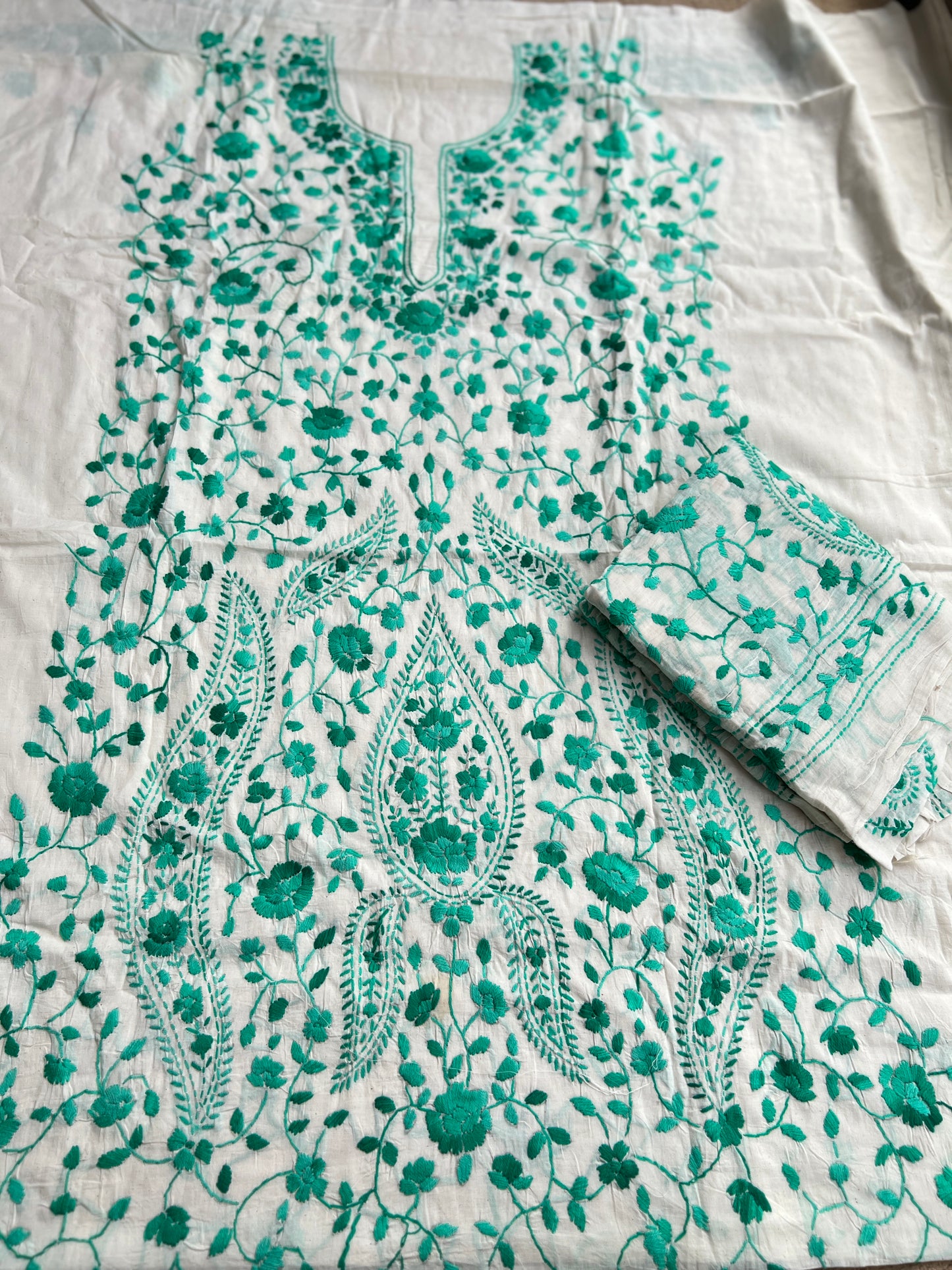 Ivory White Emerald Floral Thread Embroidered Suit