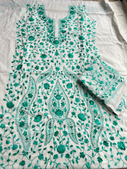 Ivory White Emerald Floral Thread Embroidered Suit