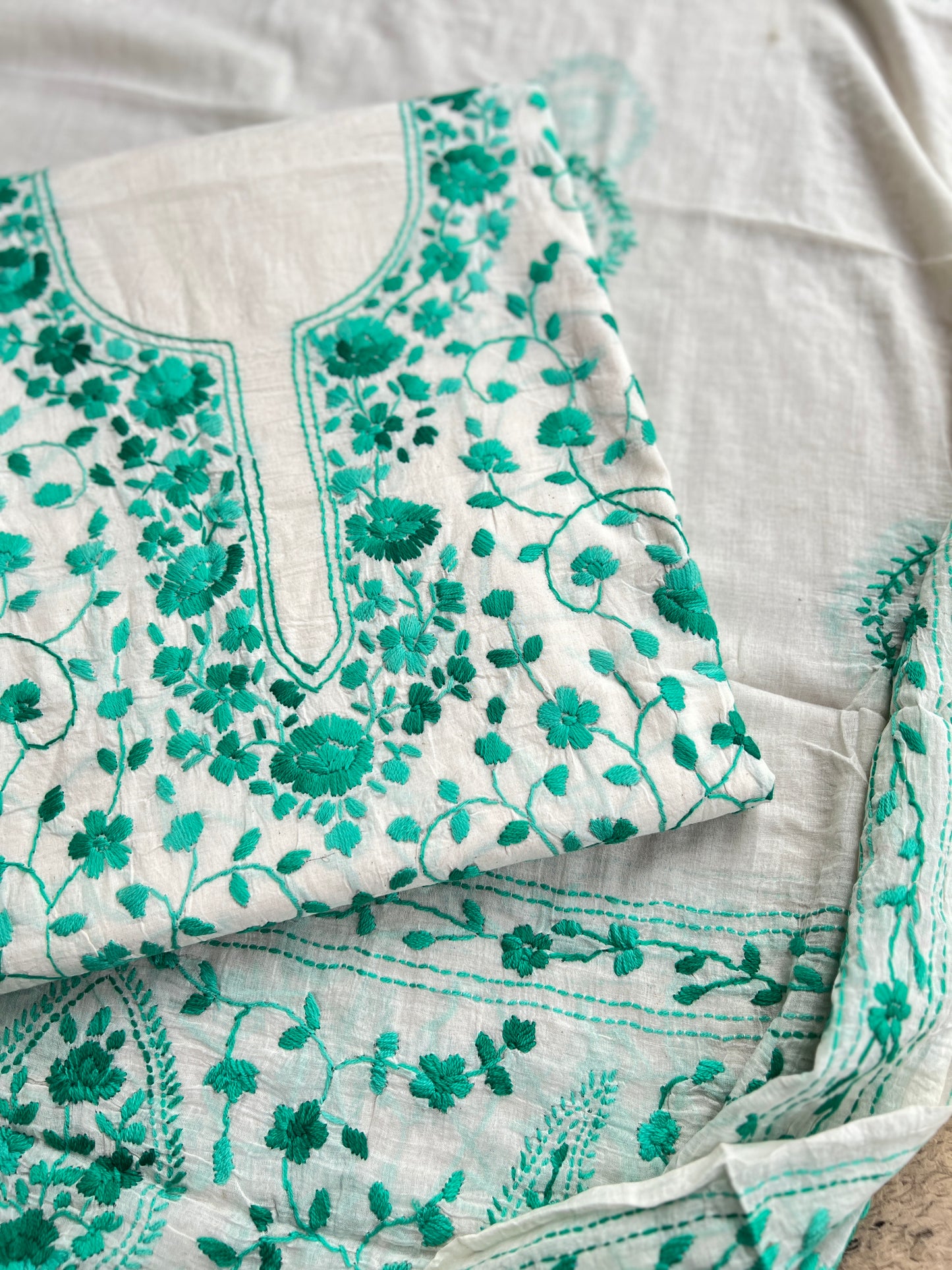 Ivory White Emerald Floral Thread Embroidered Suit