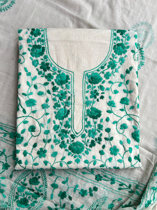 Ivory White Emerald Floral Thread Embroidered Suit