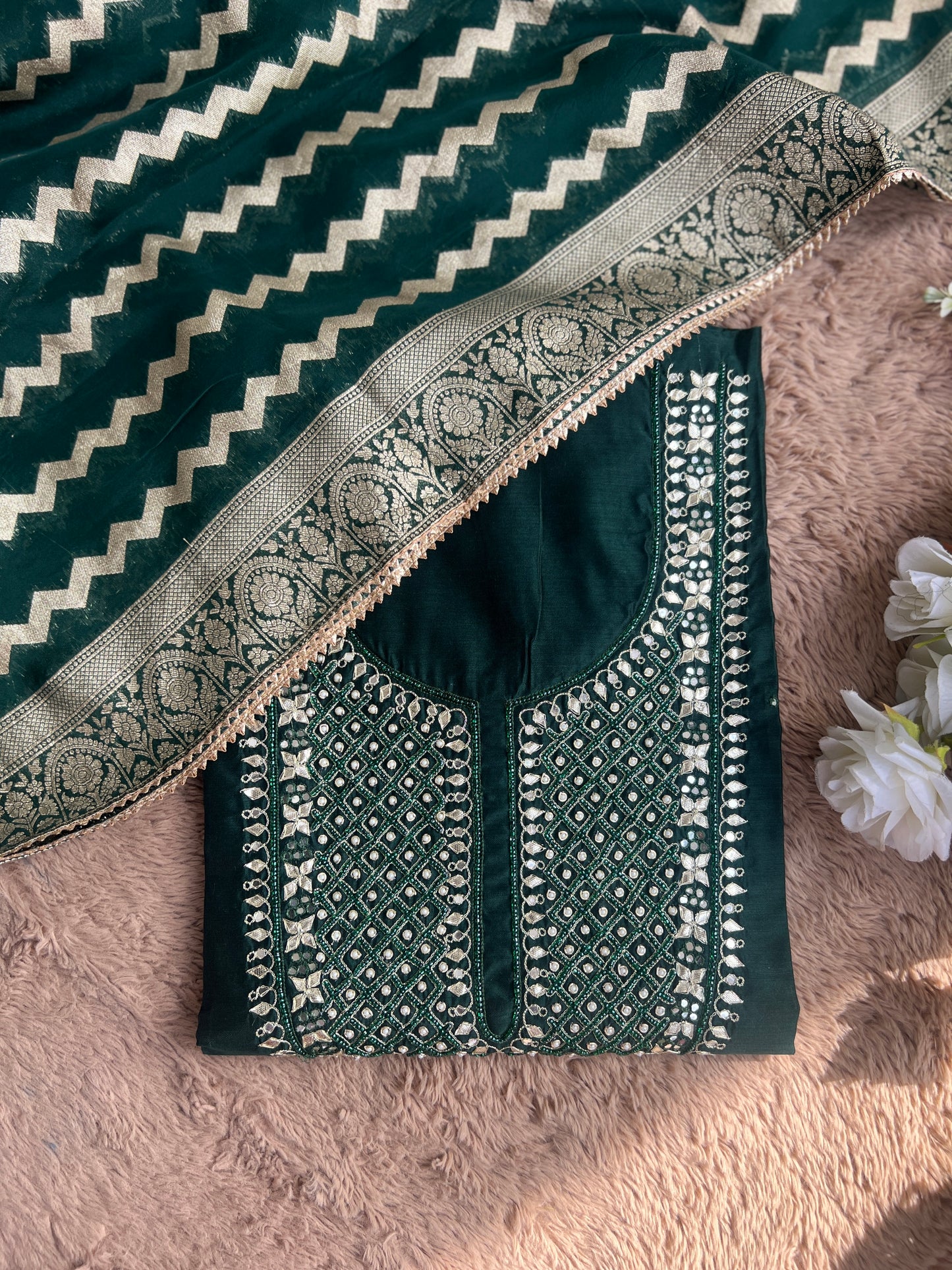 Elegant Emerald Chanderi Silk Suit with Tissue Banarasi Dupatta