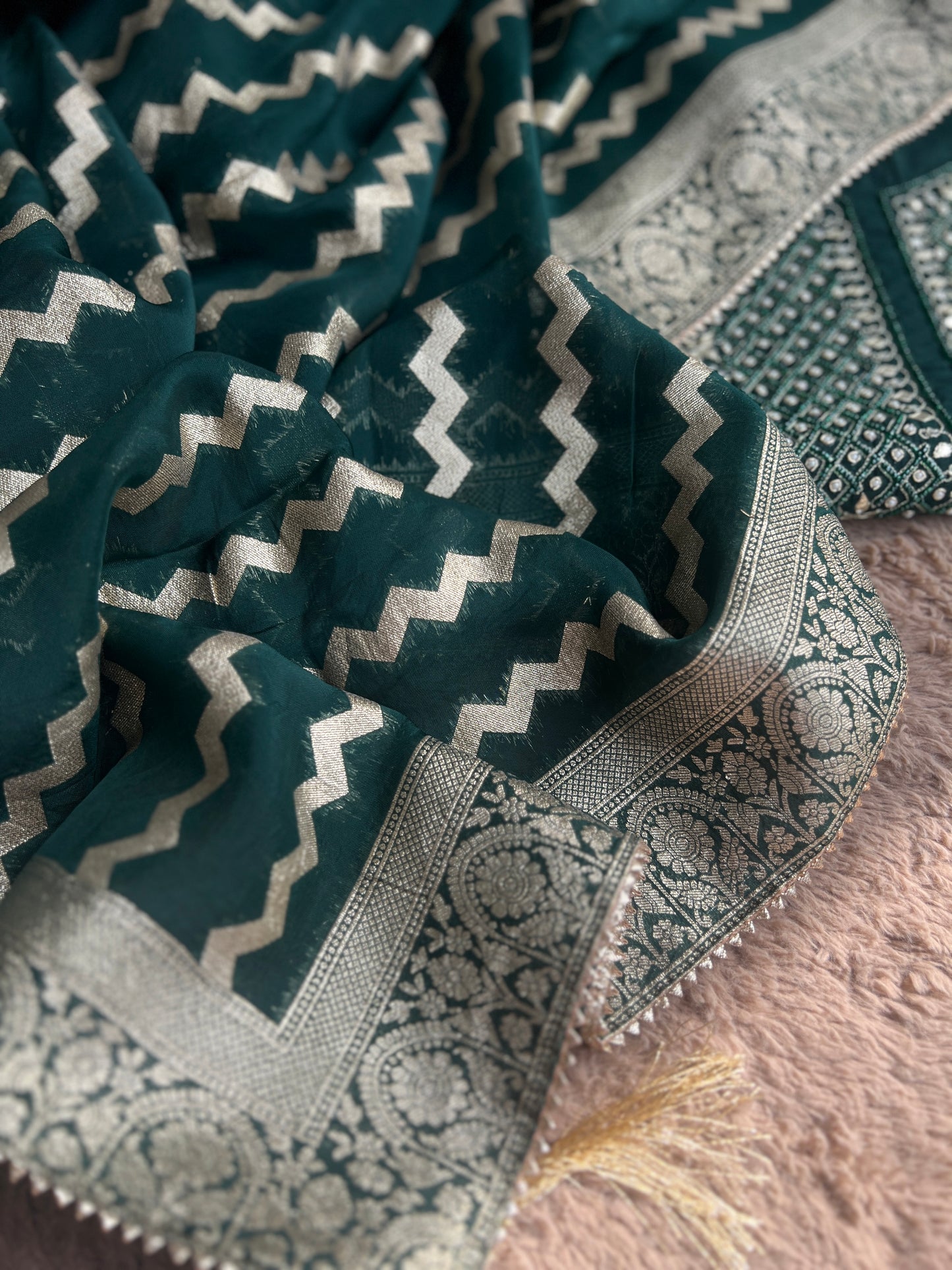 Elegant Emerald Chanderi Silk Suit with Tissue Banarasi Dupatta