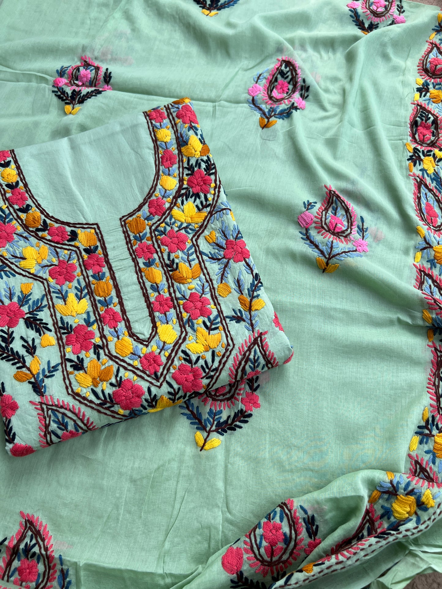 Mint Blue Multicolor Thread Embroidered Suit