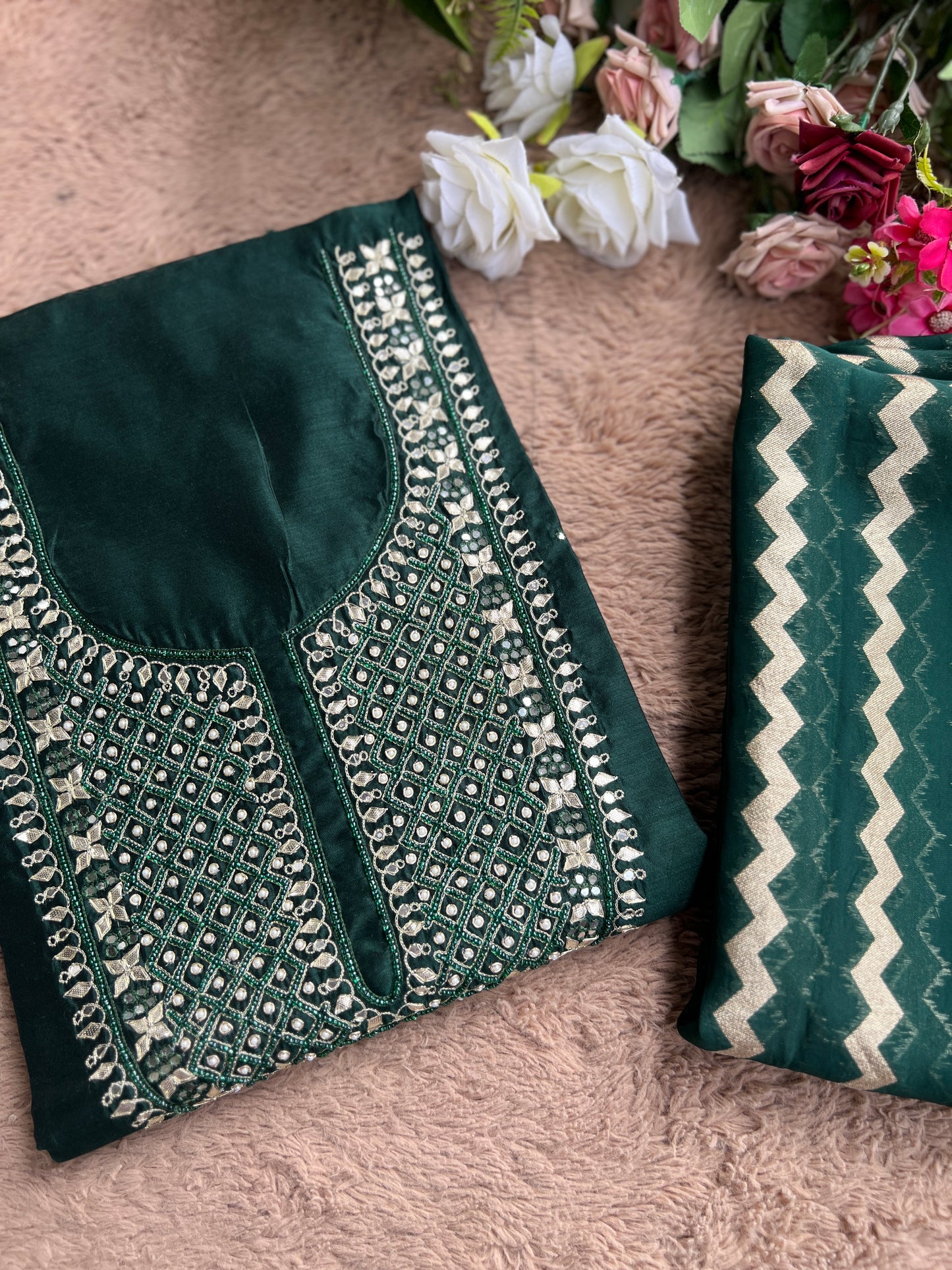 Elegant Emerald Chanderi Silk Suit with Tissue Banarasi Dupatta