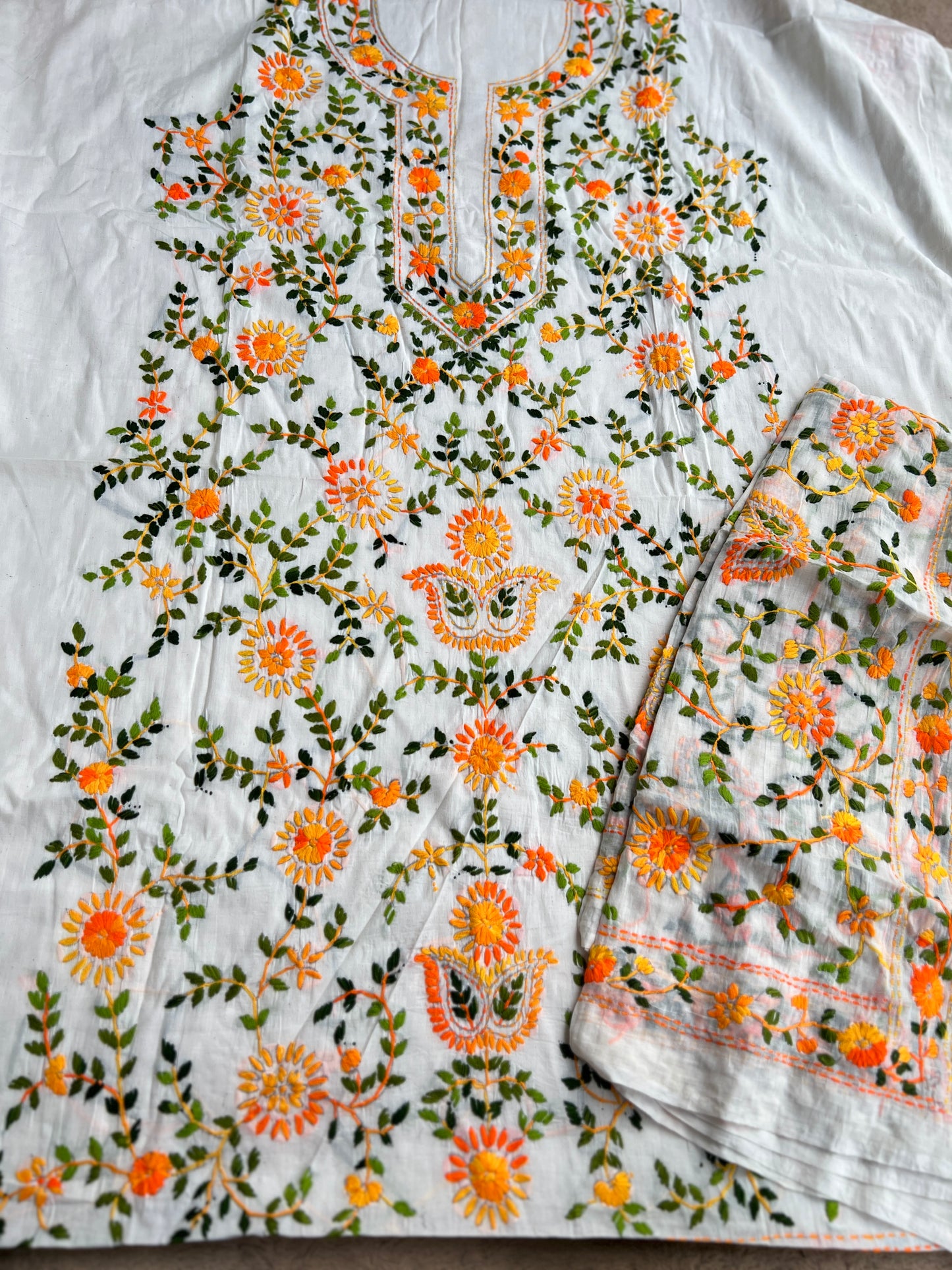 Ivory White Marigold Thread Embroidered Suit
