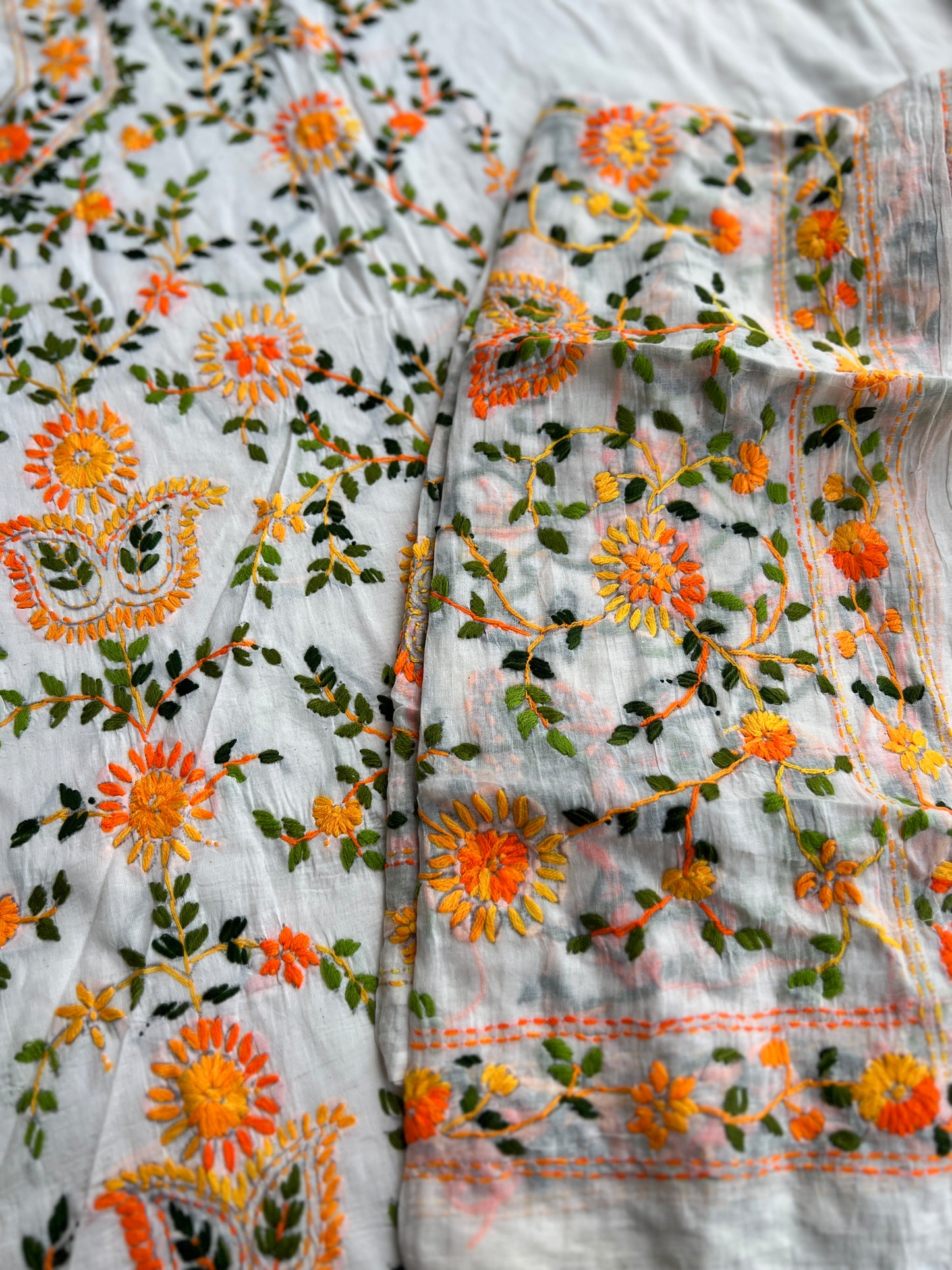 Ivory White Marigold Thread Embroidered Suit