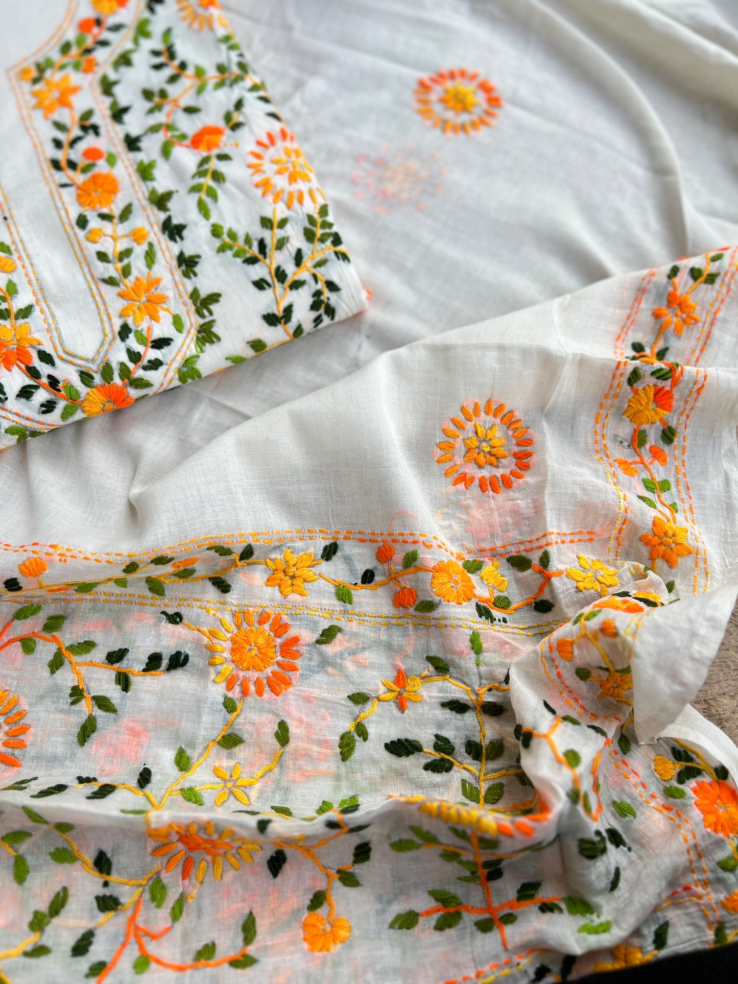 Ivory White Marigold Thread Embroidered Suit
