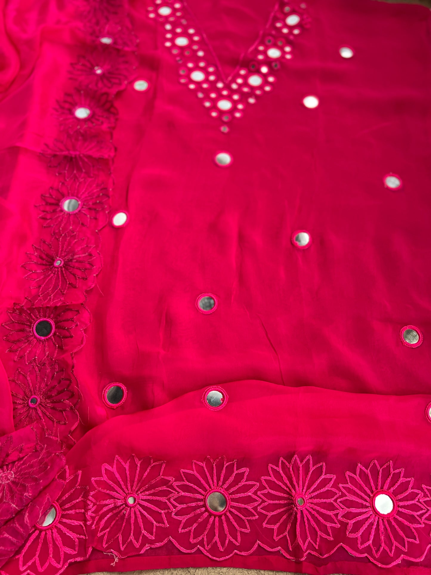 Handcrafted Organza Suits Adorned with Mirror Work & Embroidery