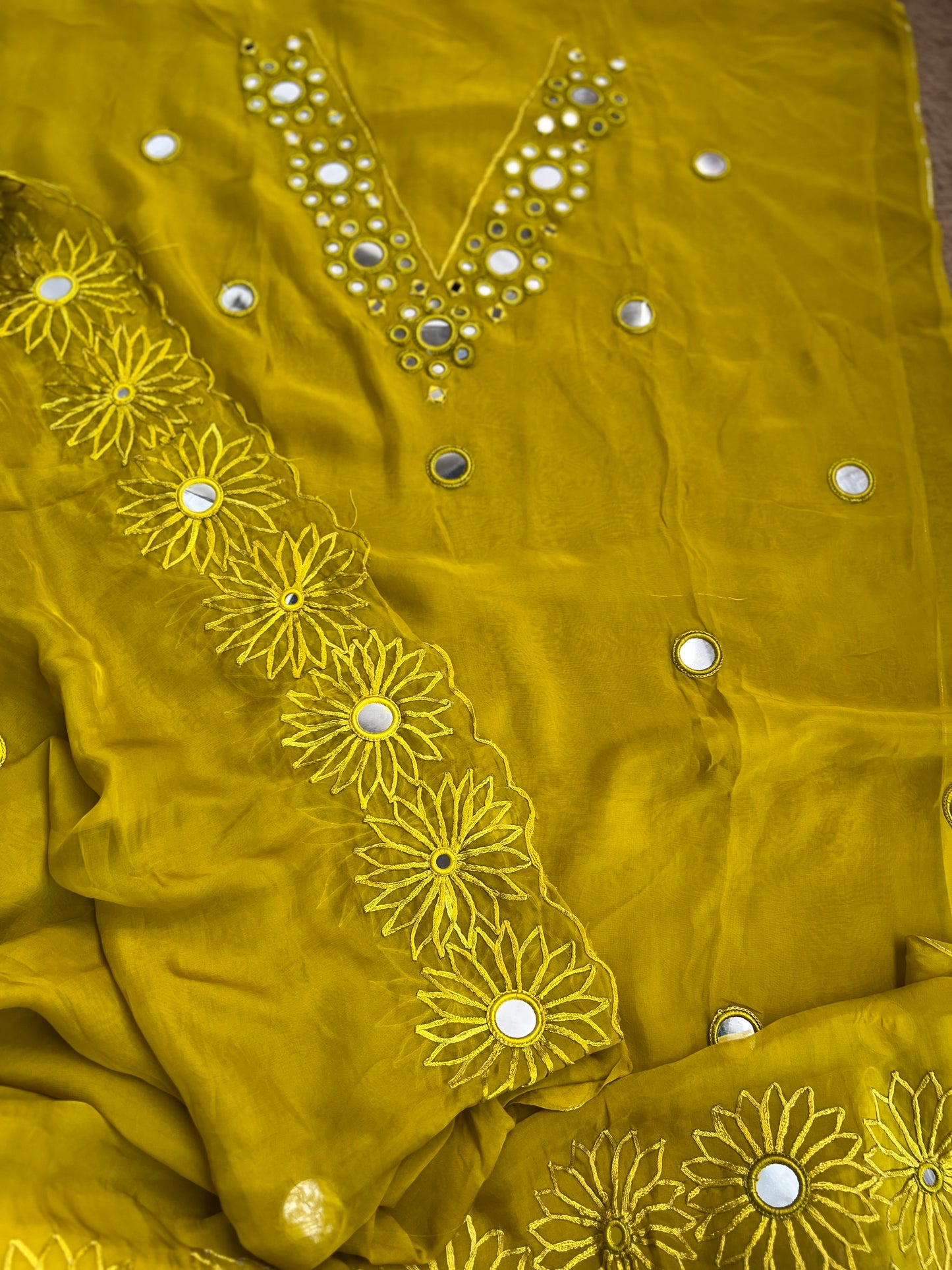 Handcrafted Organza Suits Adorned with Mirror Work & Embroidery