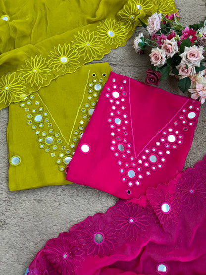 Handcrafted Organza Suits Adorned with Mirror Work & Embroidery