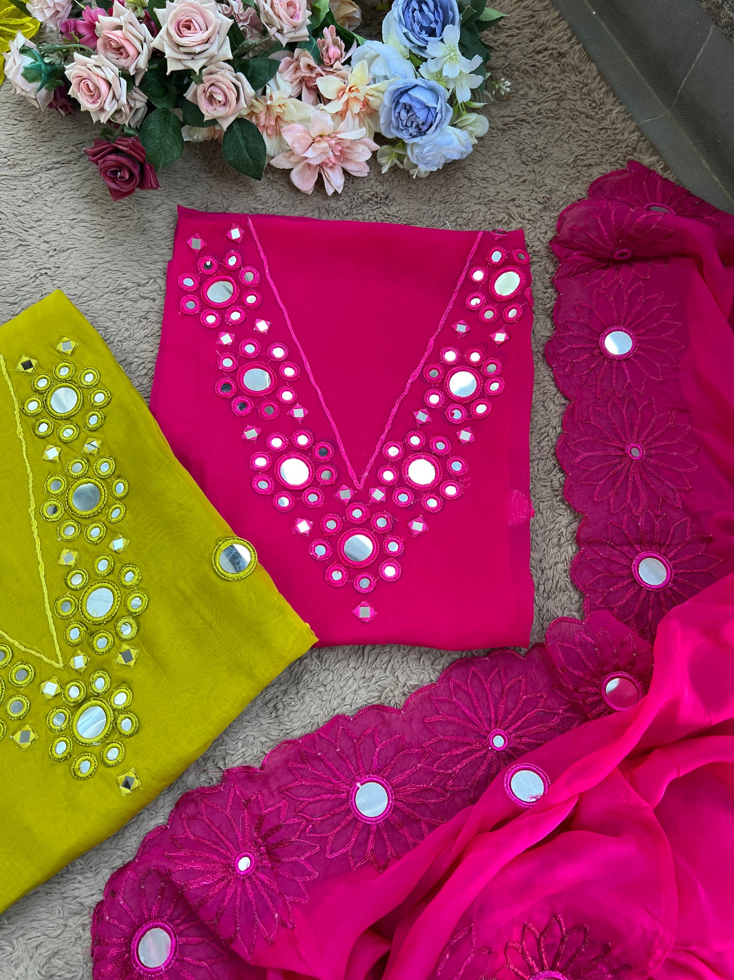 Handcrafted Organza Suits Adorned with Mirror Work & Embroidery