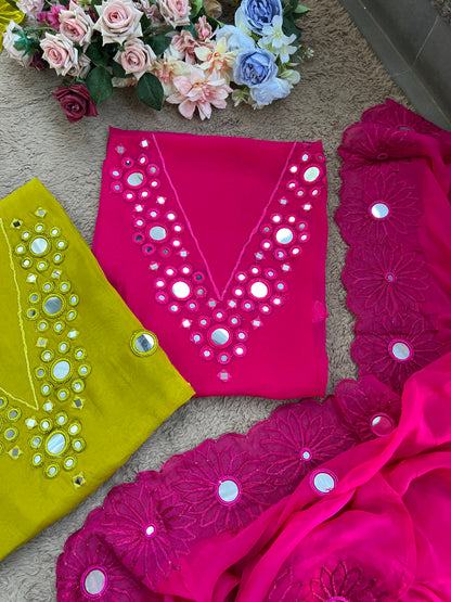 Handcrafted Organza Suits Adorned with Mirror Work & Embroidery