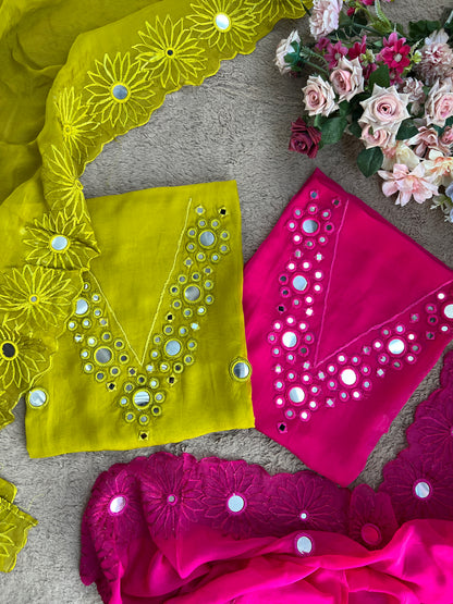 Handcrafted Organza Suits Adorned with Mirror Work & Embroidery