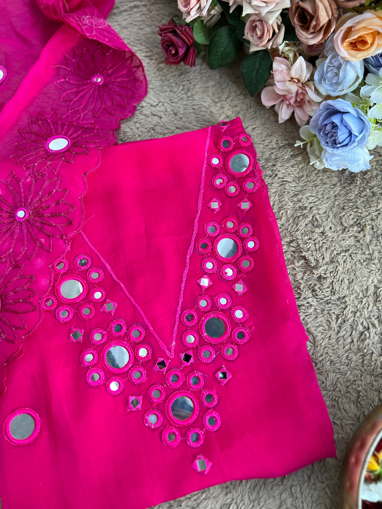 Handcrafted Organza Suits Adorned with Mirror Work & Embroidery