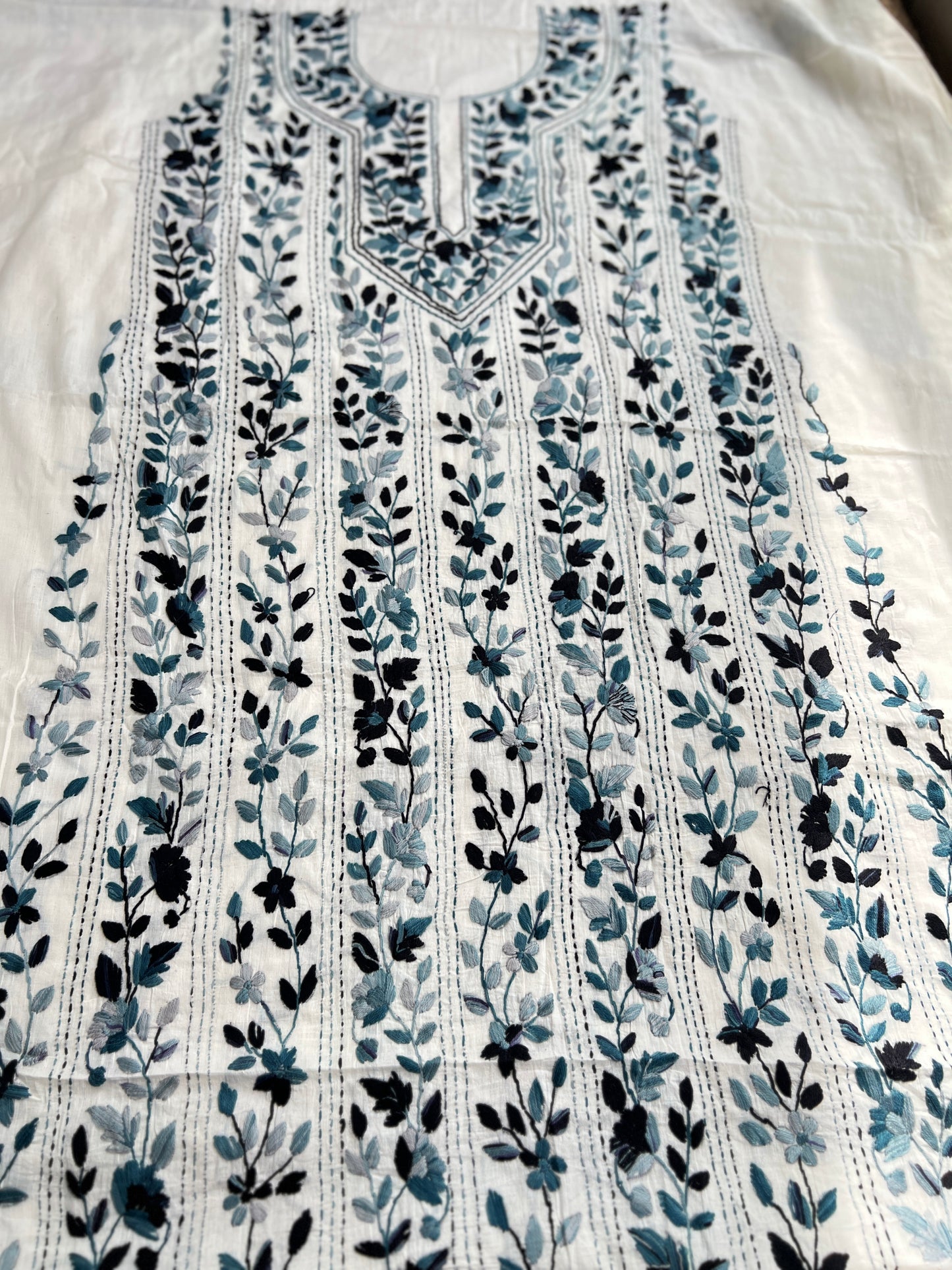Ivory Blue Pure Cotton Hand-Embroidered Unstitched Dress Material