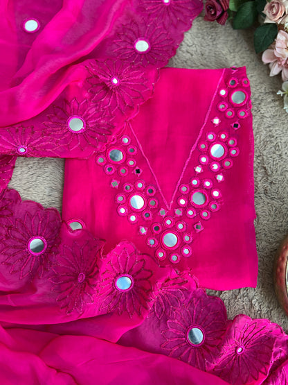 Handcrafted Organza Suits Adorned with Mirror Work & Embroidery