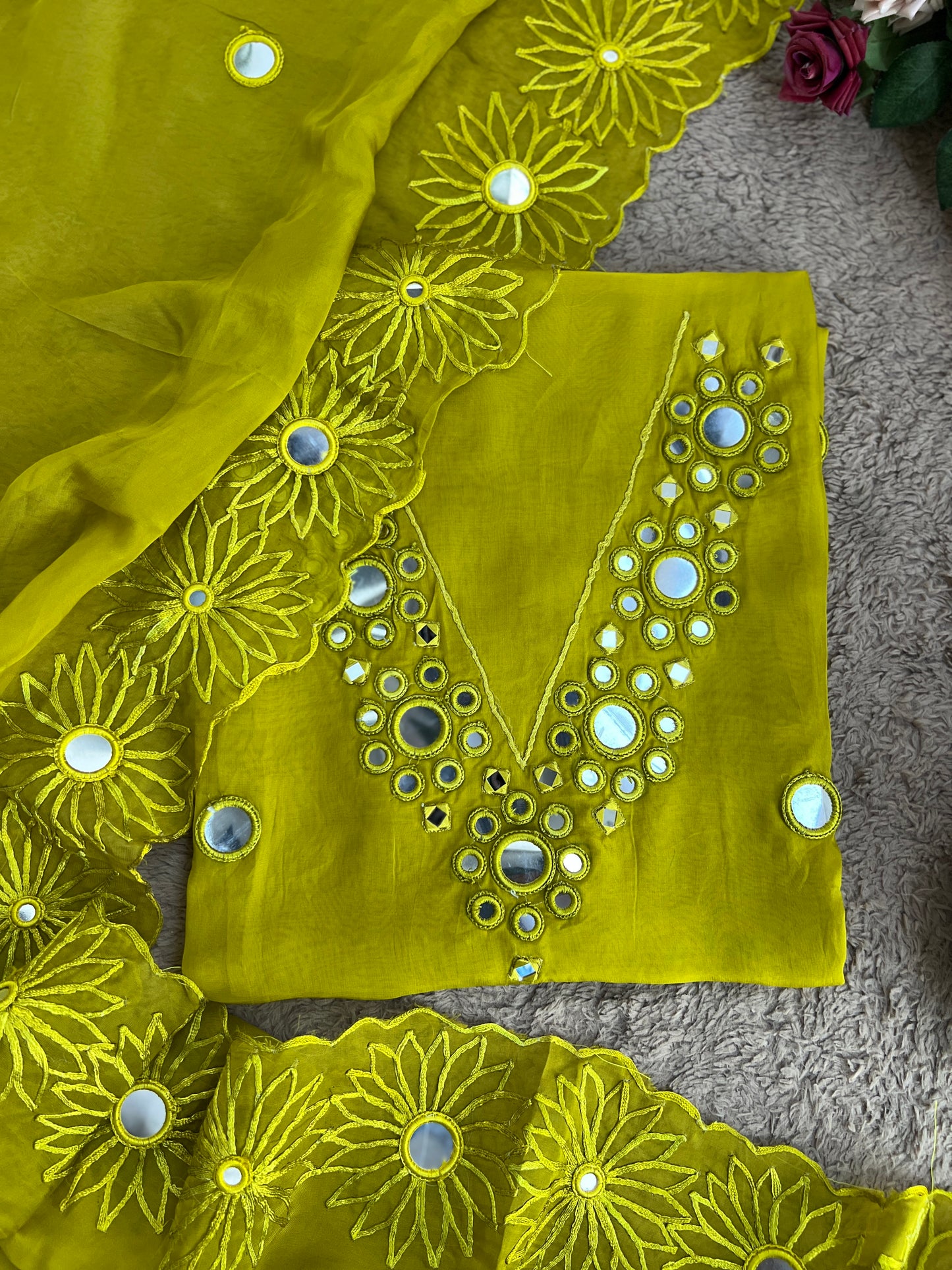 Handcrafted Organza Suits Adorned with Mirror Work & Embroidery