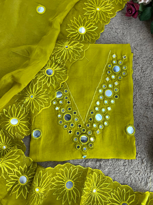 Handcrafted Organza Suits Adorned with Mirror Work & Embroidery