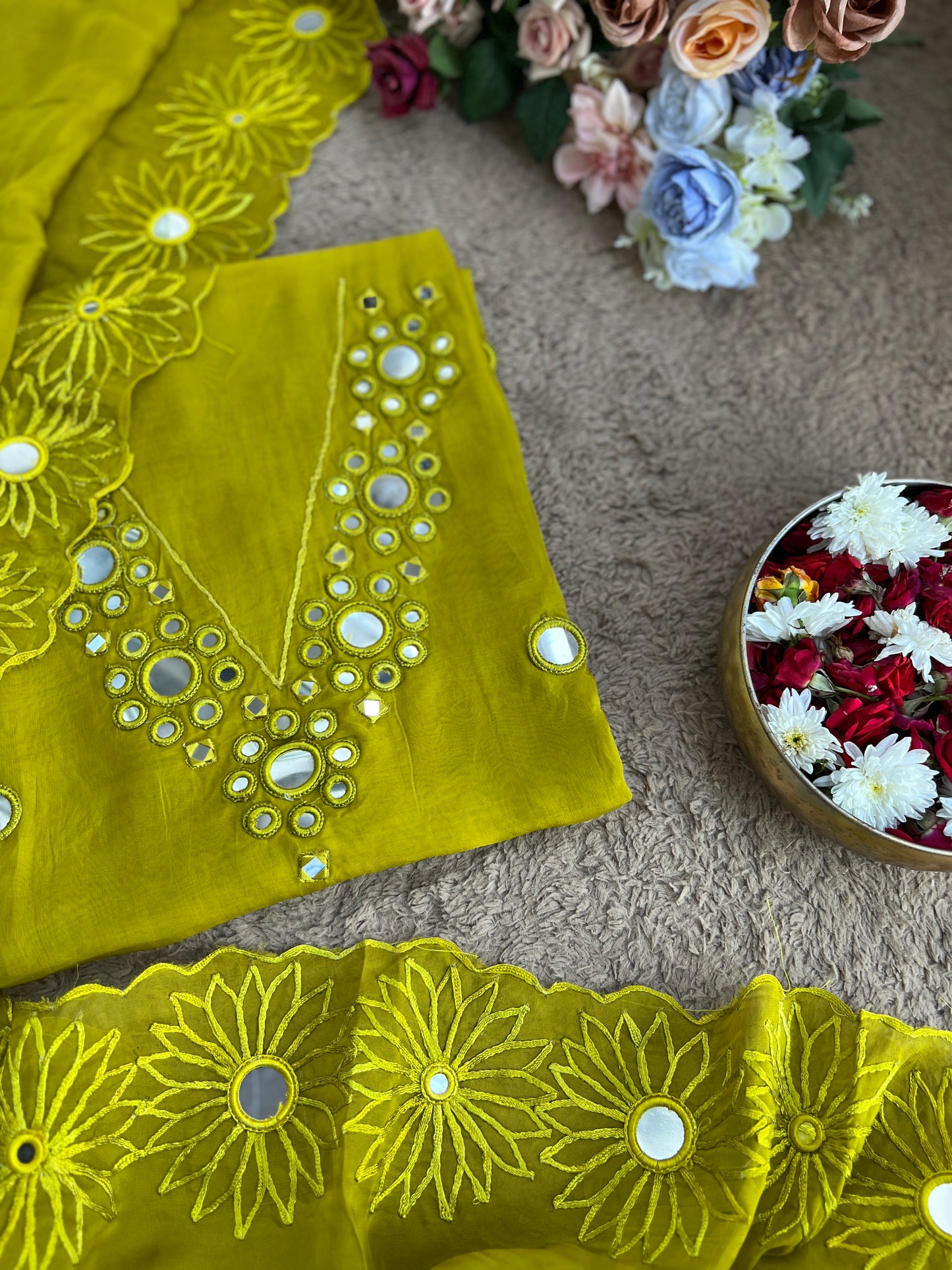 Handcrafted Organza Suits Adorned with Mirror Work & Embroidery