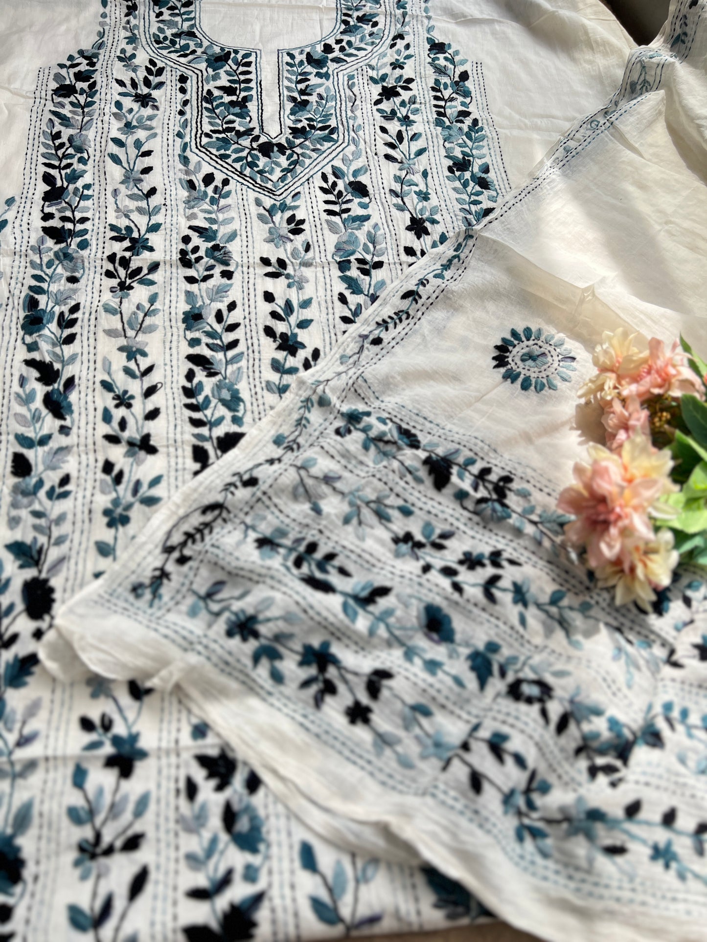 Ivory Blue Pure Cotton Hand-Embroidered Unstitched Dress Material