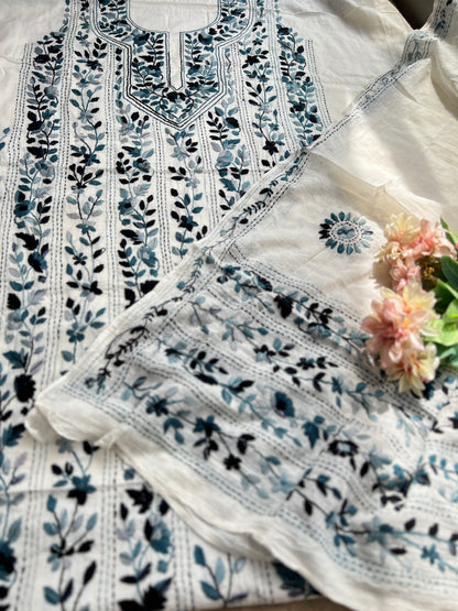 Ivory Blue Pure Cotton Hand-Embroidered Unstitched Dress Material