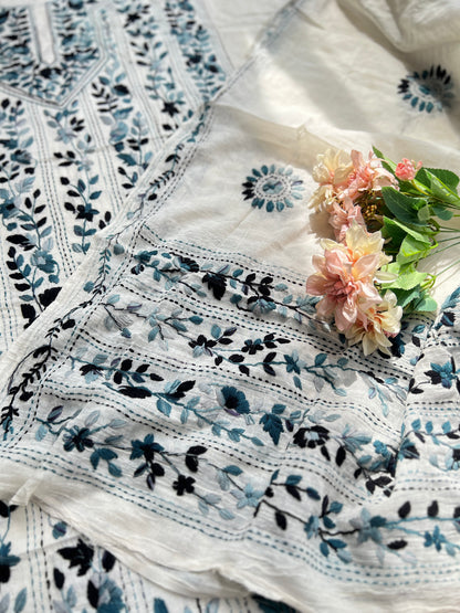 Ivory Blue Pure Cotton Hand-Embroidered Unstitched Dress Material
