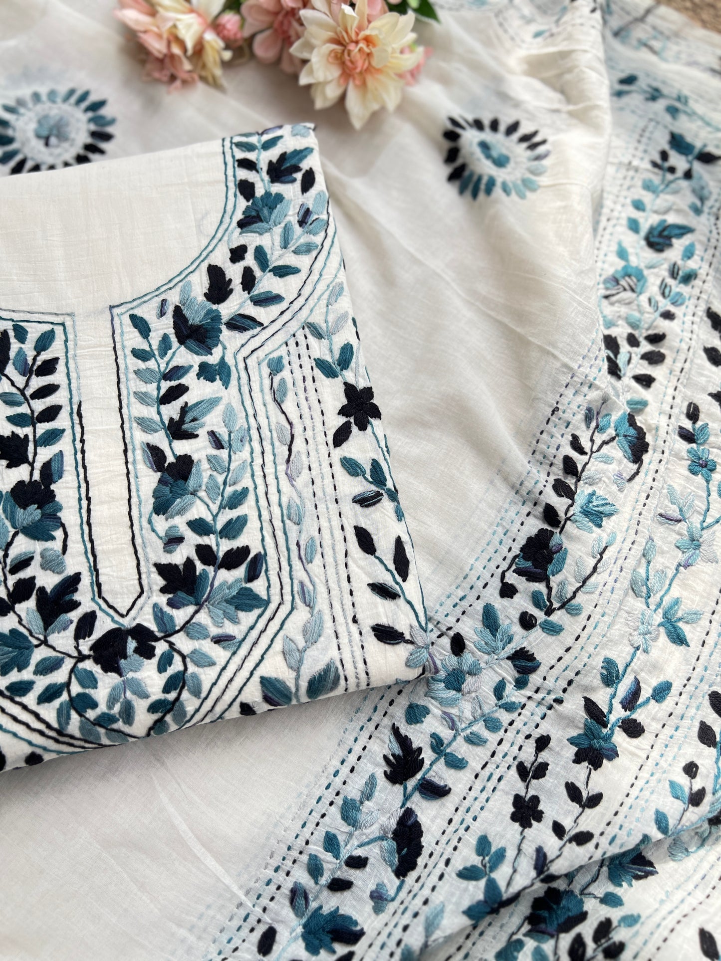 Ivory Blue Pure Cotton Hand-Embroidered Unstitched Dress Material