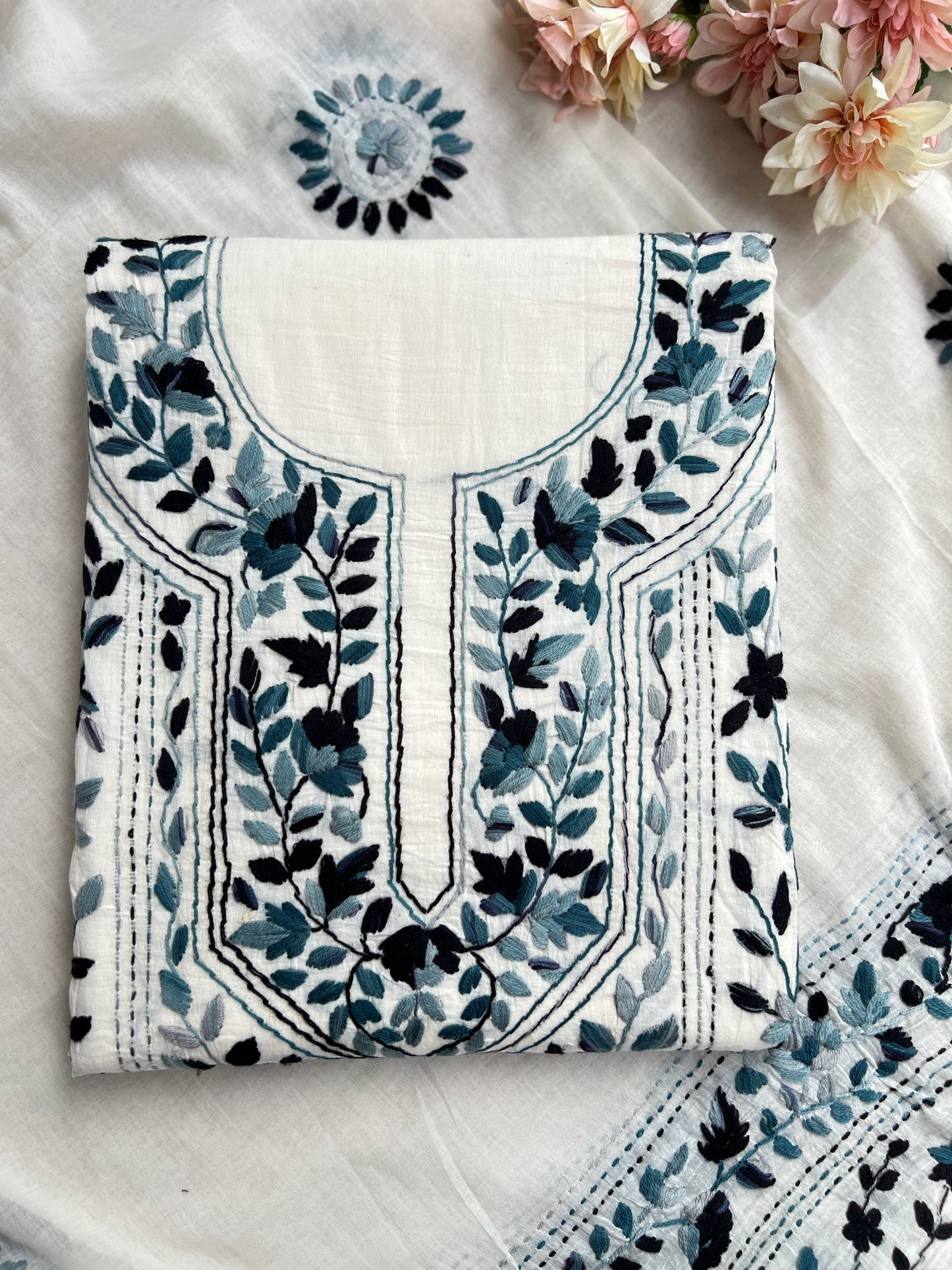 Ivory Blue Pure Cotton Hand-Embroidered Unstitched Dress Material