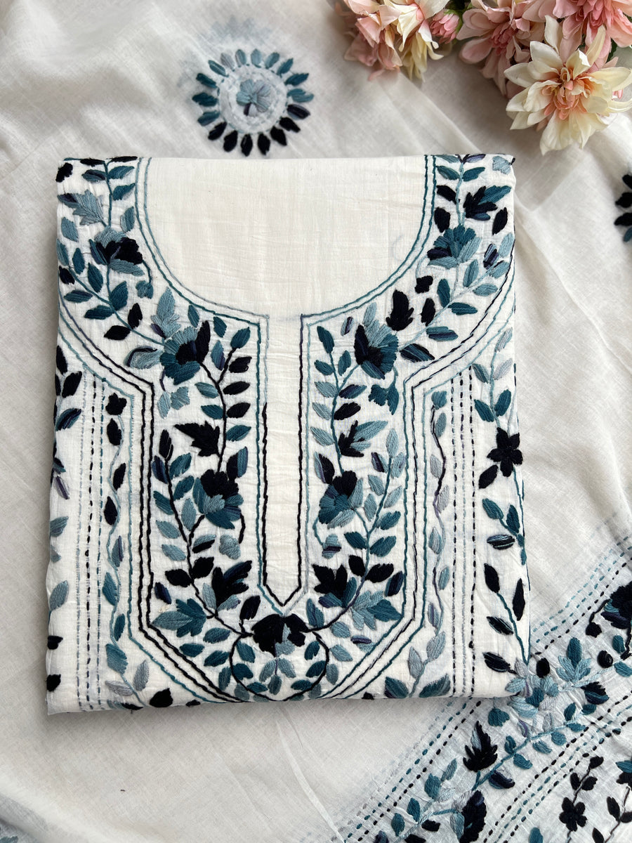 Ivory Blue Pure Cotton Hand-Embroidered Unstitched Dress Material